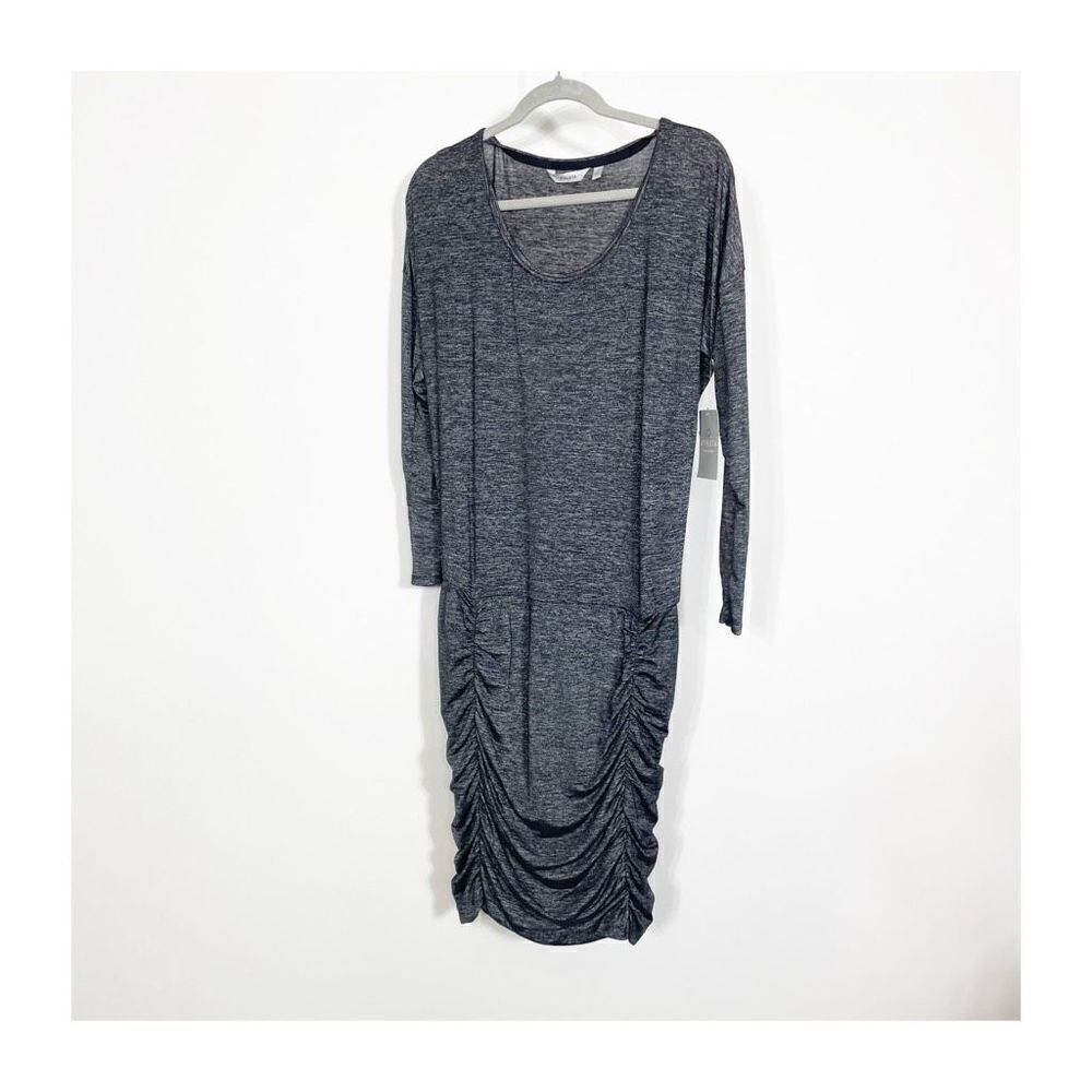 Athleta Dress Womens Medium Tulip Hem Ruched Long Sleeve Dress Charcoal NEW